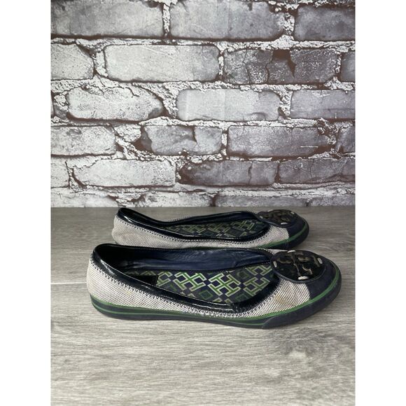 Tory Burch Channing Black Patent Leather Green Gray Canvas Ballet Flats Women 7M - Picture 11 of 16